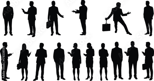 Business silhouettes, corporate professionals, office team, formal attire, workplace diversity, standing pose, mobile usage, teamwork, leadership, business attire, career concept, executive group