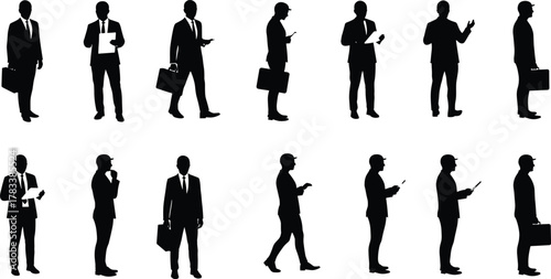 Business silhouettes, corporate professionals, office workers, teamwork, communication, leadership, mobile usage, briefcase, business attire, standing pose