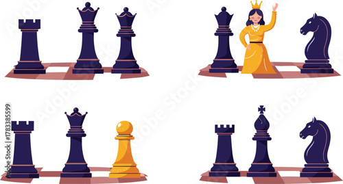Chess pieces illustration, cartoon style chessboard, colorful vector art, rook king queen knight bishop pawn, educational game concept, strategy design