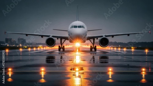 Global Transportation: Large Commercial Passenger Airplane Taxiing on a Wet Runway at Night or Dusk.