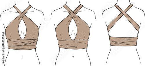 Fashion illustration, halter wrap top, technical sketch, female torso, garment design, sewing pattern, stylish straps, keyhole front, back view