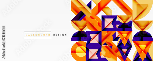 Abstract geometric shapes, orange, purple, yellow hues. Modern design element for backgrounds, banners, presentations. Clean, vibrant composition.