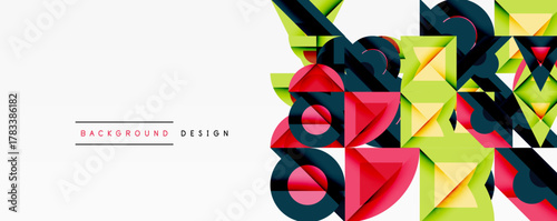 Abstract geometric shapes create vibrant background. Colors include red, green, yellow, dark blue. Modern design elements present clean aesthetic.