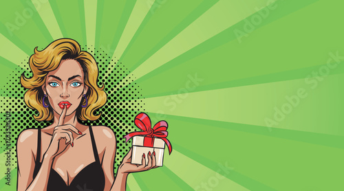 A beautiful pop art woman holding a gift. On a colored background. Vector pop art comic style.