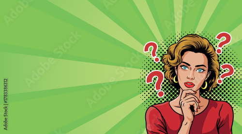 A beautiful pop art woman thinking. On a colored background. Vector pop art comic style.