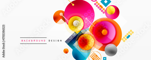 Abstract colorful shapes overlap. Vibrant circles, squares, lines create dynamic composition. Modern design elements present visual harmony.