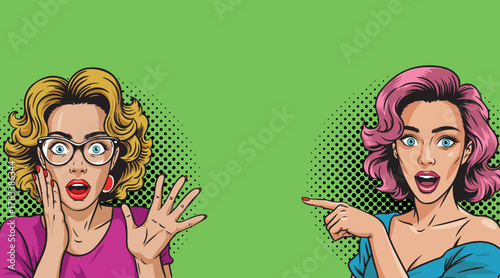 Two beautiful women in pop art style. On a colored background. Vector pop art comic style.