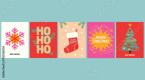 Holiday Card Collection – “Happy Holidays,” “HO HO HO,” Christmas Stocking, “Happy Christmas,” and “Merry Christmas” on Colorful Backgrounds – Festive Printable for Seasonal Greetings and Decor