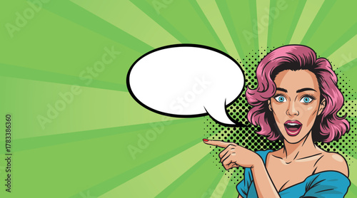 A beautiful pop art woman with a speech bubble advertises something. On a colored background. Vector pop art comic style.