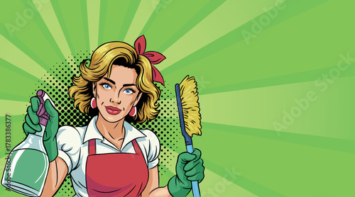 A beautiful woman in pop art style is busy cleaning. On a colored background. Vector pop art comic style.