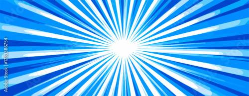 밝고 푸른색 광선이 중앙에서 사방으로 뻗어 나가는 역동적인 추상 배경