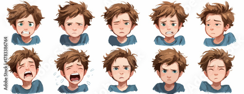 다양한 감정을 표현하는 귀여운 소년의 얼굴 일러스트 모음