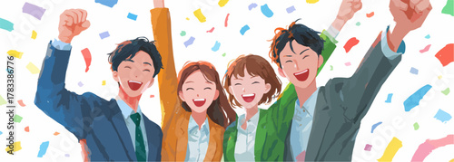 성공을 축하하며 환호하는 다양한 사람들의 모습과 화려한 색종이 조각들이 어우러진 일러스트