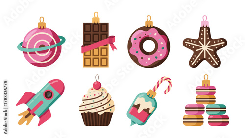 Sweet Ornaments: A delightful collection of festive ornaments, each one designed with a whimsical confectionery theme, capturing the charm of sweetness and celebrations.