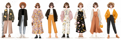 다양한 스타일의 여성 의류 코디 일러스트 모음