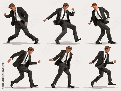 정장을 입은 사업가 남성의 다양한 움직임 동작을 보여주는 벡터 일러스트레이션