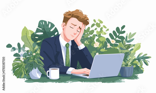 피로한 직장인이 푸른 식물로 둘러싸인 책상에서 노트북을 하며 커피를 마시고 있다.