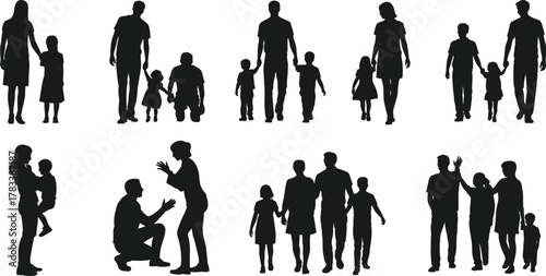 Family silhouettes, parents with children, holding hands, walking together, parenting concept, family bonding, lifestyle illustration, black silhouettes, white background, family relationships