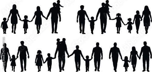 Family silhouettes, parents with children, walking together, holding hands, carrying kids, diverse family groups, black silhouettes, white background, family unity, parenting,
