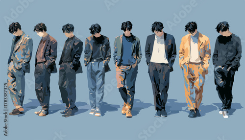 다양한 스타일의 정장을 입고 나란히 서 있는 일곱 명의 남성 그룹 일러스트