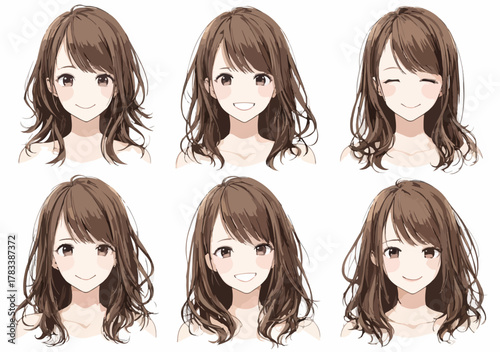 다양한 표정과 헤어스타일을 가진 젊은 여성들의 일러스트 모음