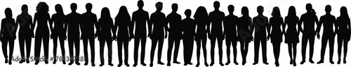 Silhouette crowd of diverse people standing together, group unity concept, teamwork illustration, community diversity, human figures line, demographic representation, social gathering, 