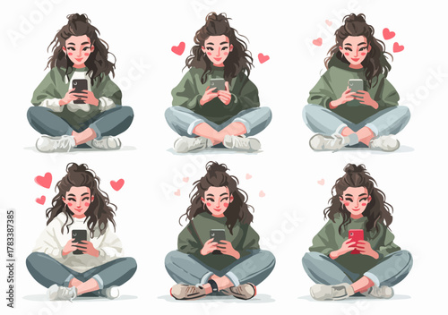 스마트폰을 보며 다양한 표정을 짓는 젊은 여성의 일러스트 모음
