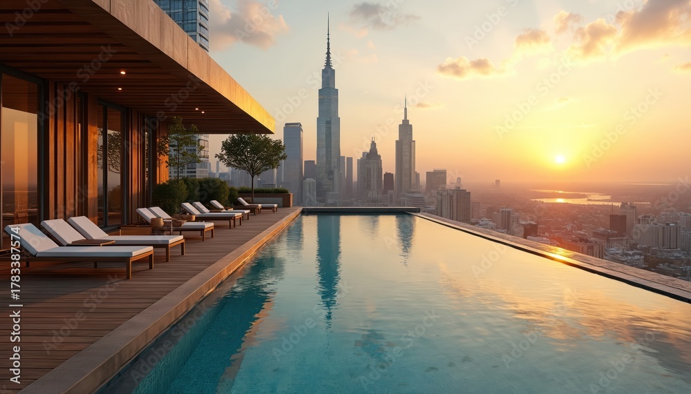 Obraz premium Infinity pool on skyscraper rooftop deck overlooks city skyline at sunset. Lounge chairs sit on wooden floor. Modern urban luxury living, resort vacation relaxation. Cabanas offer shade.