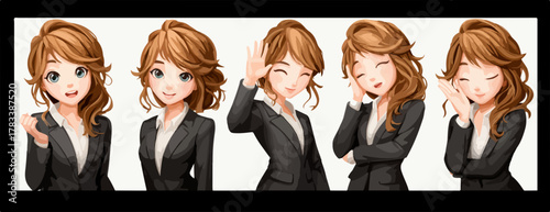 다양한 표정과 제스처를 통해 전문성과 친근함, 긍정적인 에너지를 전달하는 매력적인 갈색 머리 여성 캐릭터 일러스트레이션 세트로, 웹사이트, 프레젠테이션, 마케팅 자료 등 여러 업무 환경에서 활용할 수 있는 현대적인 직장 여성의 모습을 다채롭게 표현합니다.