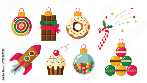 Festive Ornaments Galore: A collection of delightful ornaments, each a unique expression of the celebratory spirit. From a colorful candy to a whimsical rocket.
