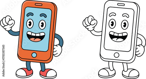 Retro Cartoon Mobile Phone Mascot Vector Illustration, Happy Digital Device Character, Technology, Communication, Outline and Color