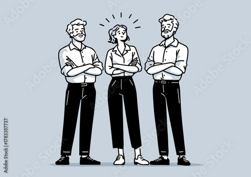 두 남자 사이에서 빛나는 여성이 리더십과 독특한 재능을 보여주며 비즈니스 환경에서 차별화된 능력을 강조하는 벡터 일러스트레이션.