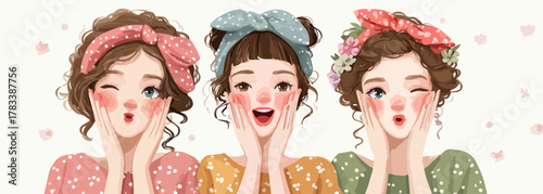 발랄한 색상의 머리띠를 한 세 명의 젊은 여성들이 다양한 표정으로 즐거움과 우정을 표현하며 서로에게 행복을 전하는 사랑스러운 벡터 일러스트레이션입니다.