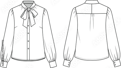 Women's blouse technical sketch, fashion flat drawing, bow tie neckline, button front, gathered sleeve, back yoke, pleat detail, apparel design
