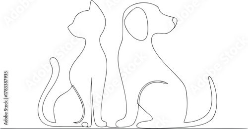 Minimalist black line art cat and dog sitting back to back