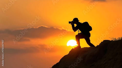 Silhouette of photographer capturing sunrise over cliffs, devotion to art, warm tones, adventure and solitude.