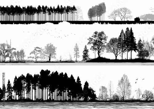 다채로운 나무와 숲의 실루엣을 흑백 벡터 그래픽으로 정교하게 표현한 이 일러스트레이션은, 평화로운 자연의 풍경을 담아내어 다양한 디자인 프로젝트에서 배경이나 핵심 요소로 활용하기에 완벽하며, 환경 보호 메시지를 효과적으로 전달할 수 있습니다.