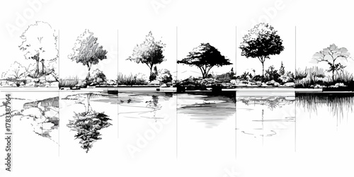 물에 비친 다양한 종류의 나무들을 섬세한 펜 터치로 표현한 흑백 벡터 드로잉으로, 자연 풍경의 아름다움과 평온함을 동시에 전달합니다.