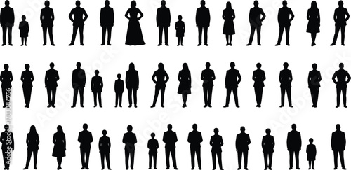 Silhouette people figures, human crowd icons, diverse adults children poses, demographic illustration, black silhouettes design, social group representation, vector graphic people collection