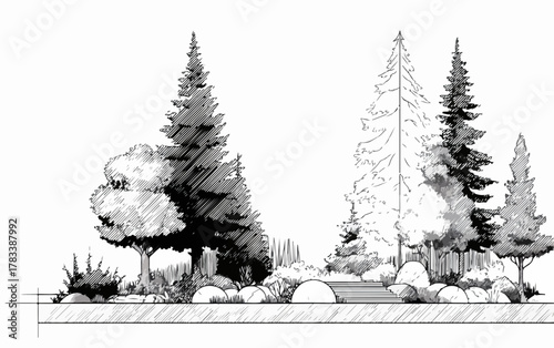 다양한 종류의 나무와 바위가 조화롭게 어우러진 평화로운 자연 풍경을 섬세하게 묘사한 흑백 스케치 일러스트레이션으로, 조경 디자인이나 환경 관련 프로젝트의 시각적 요소로 활용하기에 이상적인 벡터 이미지입니다.
