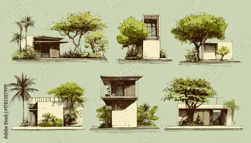 녹색 배경 위에 깔끔하게 배치된 다양한 현대 건축 주택 디자인 컬렉션은 자연 친화적인 조경과 어우러져 지속 가능한 라이프스타일을 위한 주거 공간의 개념을 세련된 벡터 스케치 스타일의 일러스트레이션으로 명확하게 제시합니다.