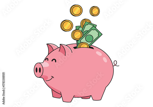 A smiling pink piggy bank being filled with gold coins and paper money for savings.