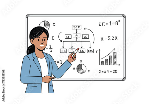 An illustration of a female teacher explaining mathematical equations, charts, and diagrams on a whiteboard.
