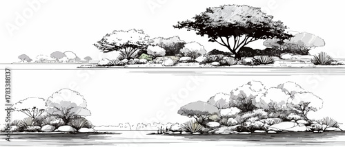 다양한 아프리카 풍경을 묘사한 흑백 일러스트레이션 모음
