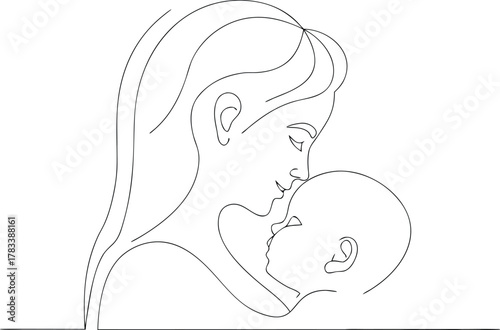 Mother holding baby in continuous line art style embrace