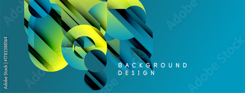 Abstract geometric shapes overlap, creating dynamic visual effect. Blue, green, yellow hues dominate composition. Modern design element.