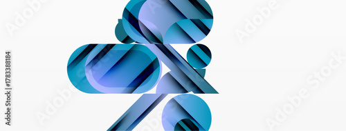 Abstract shapes overlap, creating dynamic composition. Blue hues dominate against white background. Modern design, clean lines present.