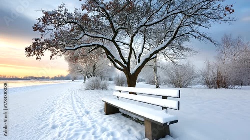 Snow-covered bench in park at dawn, untouched stillness, soft tones, melancholic peace.