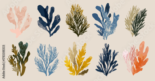 다양한 색상과 질감의 추상적인 식물 디자인 모음, 현대적인 감각의 일러스트
