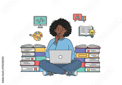 Illustration of a student learning various skills online, surrounded by books and educational icons.
